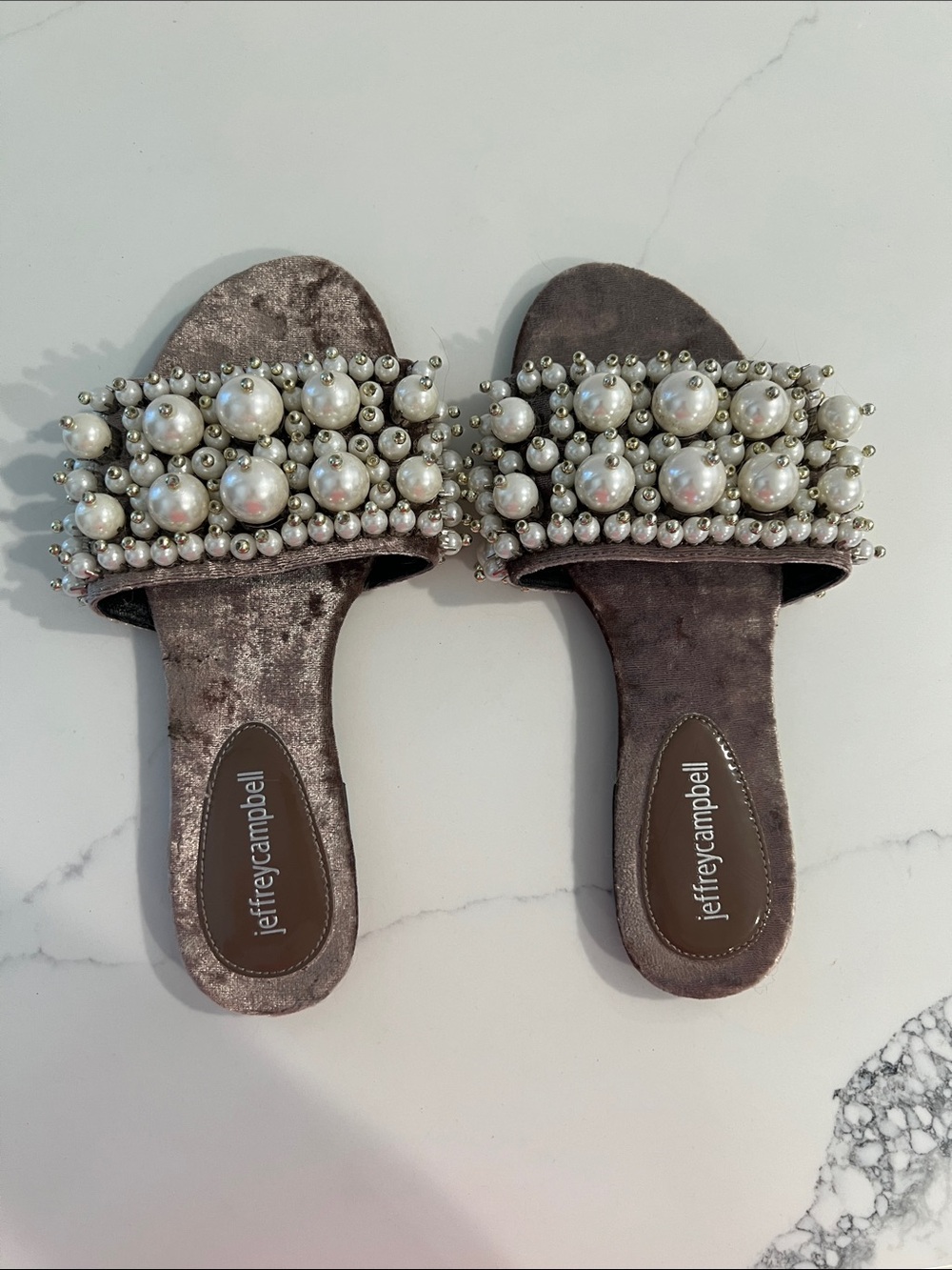 Jeffrey Campbell Taupe Velvet Slide Mules with Pearl Embellishments